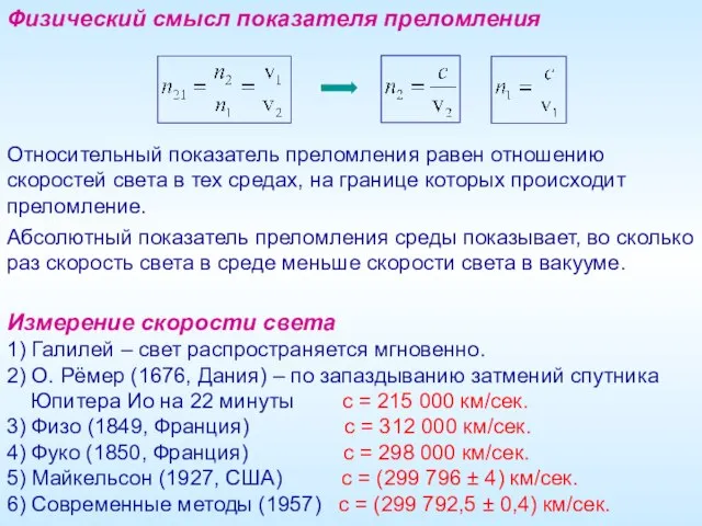 Относительный показатель преломления равен отношению скоростей света в тех средах, на