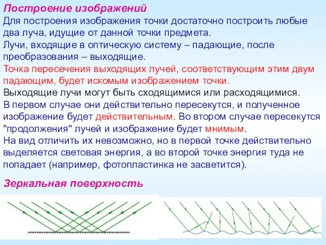 Построение изображений Для построения изображения точки достаточно построить любые два луча,