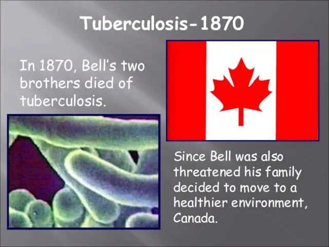 Tuberculosis-1870 In 1870, Bell’s two brothers died of tuberculosis. Since Bell