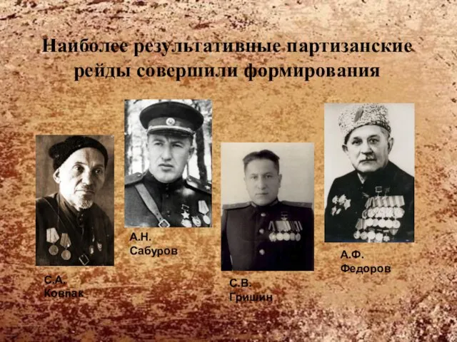 Наиболее результативные партизанские рейды совершили формирования С.А.Ковпак А.Н.Сабуров С.В.Гришин А.Ф.Федоров