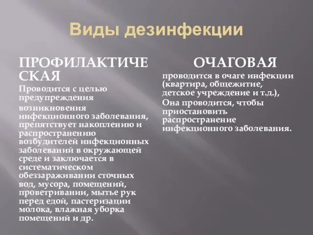 Виды дезинфекции ПРОФИЛАКТИЧЕСКАЯ Проводится с целью предупреждения возникновения инфекционного заболевания, препятствует