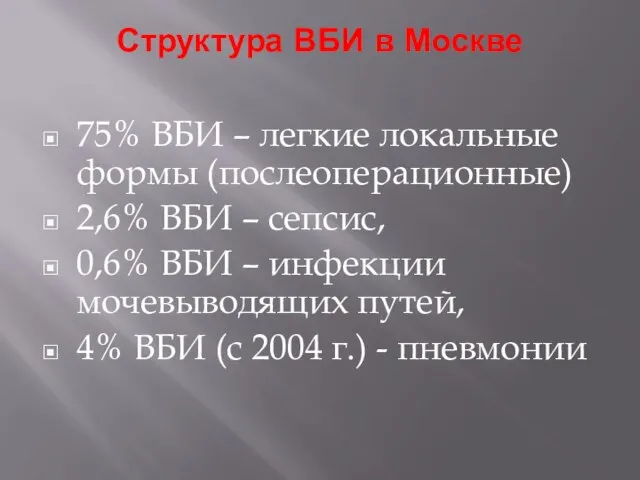 Структура ВБИ в Москве 75% ВБИ – легкие локальные формы (послеоперационные)