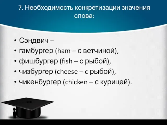 7. Необходимость конкретизации значения слова: Сэндвич – гамбургер (ham – с