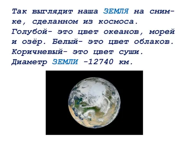 Так выглядит наша ЗЕМЛЯ на сним- ке, сделанном из космоса. Голубой-