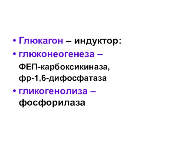 Глюкагон – индуктор: глюконеогенеза – ФЕП-карбоксикиназа, фр-1,6-дифосфатаза гликогенолиза – фосфорилаза