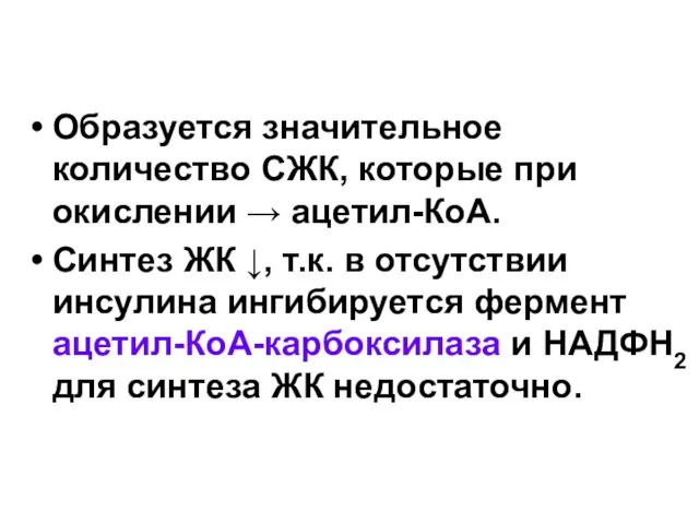 Образуется значительное количество СЖК, которые при окислении → ацетил-КоА. Синтез ЖК