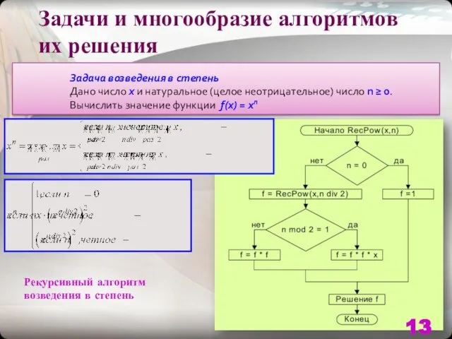 Задачи и многообразие алгоритмов их решения Задача возведения в степень Дано