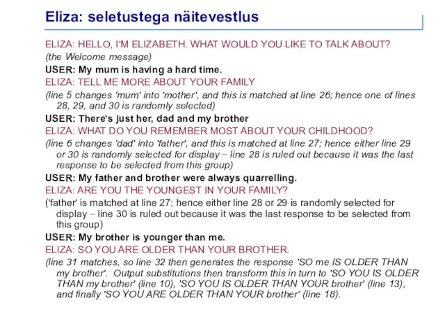 Eliza: seletustega näitevestlus ELIZA: HELLO, I'M ELIZABETH. WHAT WOULD YOU LIKE