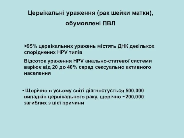 Цервікальні ураження (рак шейки матки), обумовлені ПВЛ >95% цервікальних уражень містять