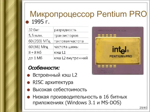 Микропроцессор Pentium PRO 1995 г. Особенности: Встроенный кэш L2 RISC архитектура