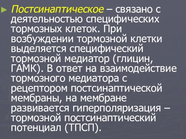 Постсинаптическое – связано с деятельностью специфических тормозных клеток. При возбуждении тормозной