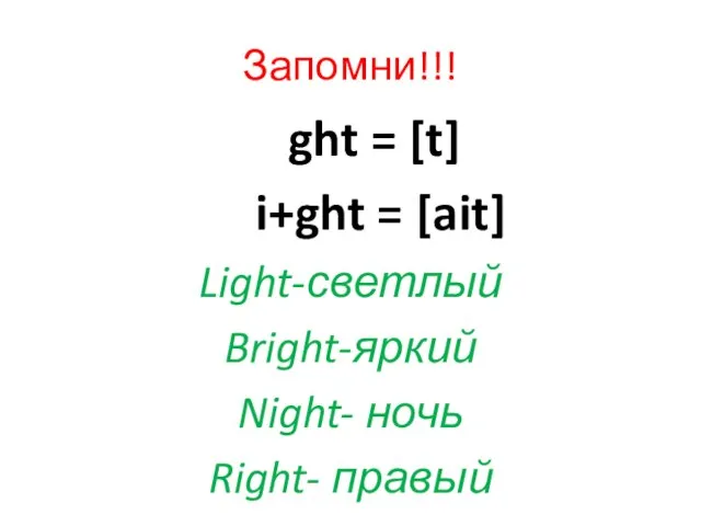 Запомни!!! ght = [t] i+ght = [ait] Light-светлый Bright-яркий Night- ночь Right- правый