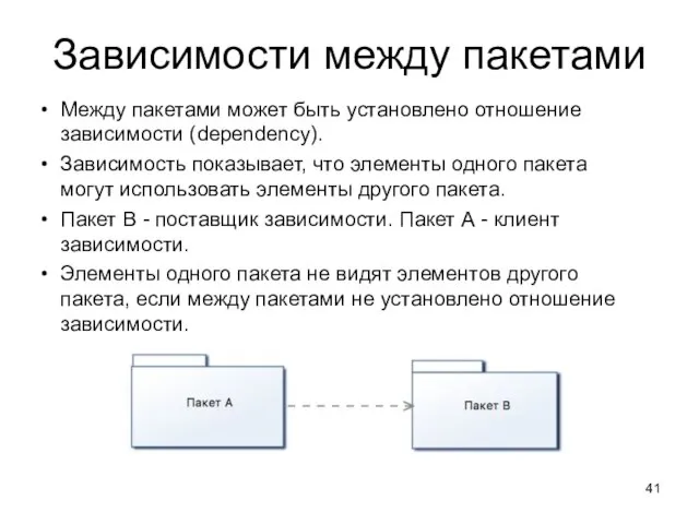 Зависимости между пакетами Между пакетами может быть установлено отношение зависимости (dependency).