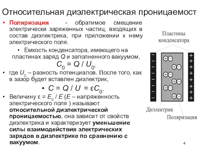 Относительная диэлектрическая проницаемость Поляризация - обратимое смещение электрически заряженных частиц, входящих