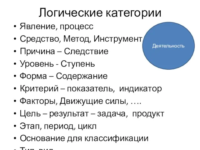 Логические категории Явление, процесс Средство, Метод, Инструмент Причина – Следствие Уровень