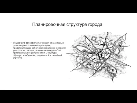 Планировочная структура города Решетчато-сетевой тип отражает относительно равномерное освоение территории, представляющее