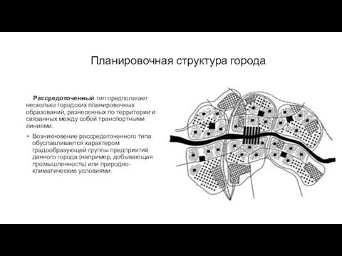 Планировочная структура города Рассредоточенный тип предполагает несколько городских планировочных образований, разнесенных