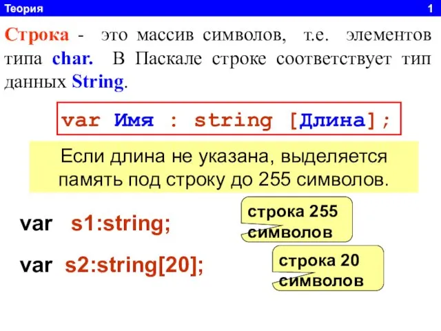 Строка - это массив символов, т.е. элементов типа char. В Паскале