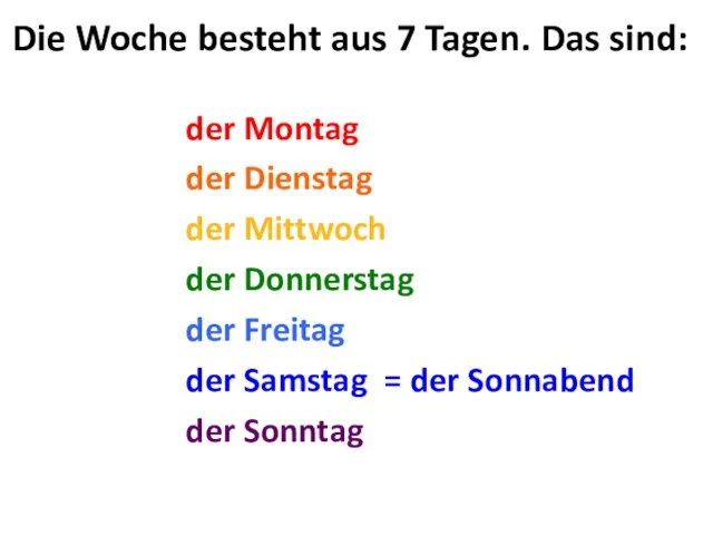 Die Woche besteht aus 7 Tagen. Das sind: der Montag der