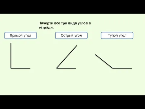 Прямой угол Острый угол Тупой угол Начерти все три вида углов в тетради.