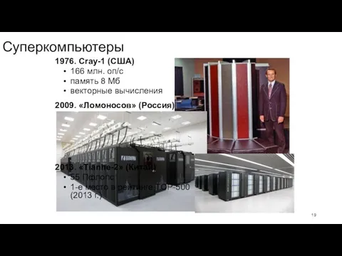 Суперкомпьютеры 1976. Cray-1 (США) 166 млн. оп/c память 8 Мб векторные