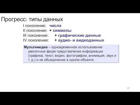 Прогресс: типы данных I поколение: числа II поколение: + символы III