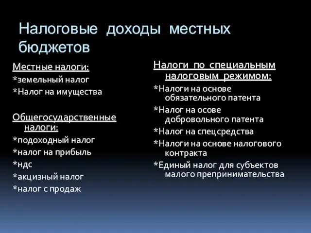 Налоговые доходы местных бюджетов Местные налоги: *земельный налог *Налог на имущества