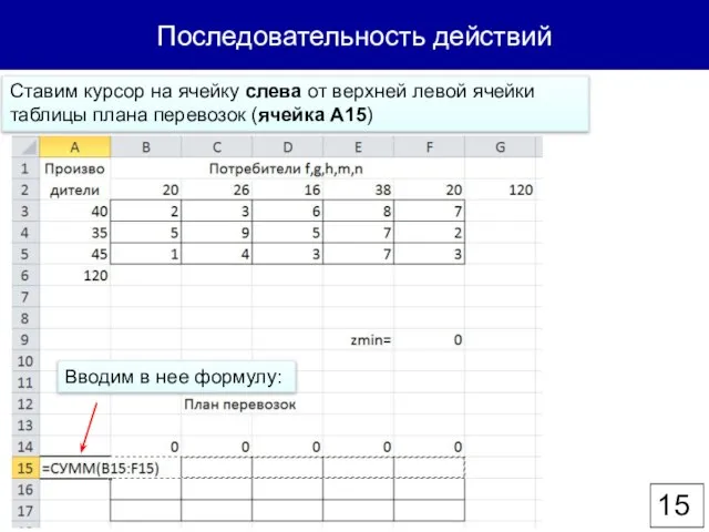 Последовательность действий Ставим курсор на ячейку слева от верхней левой ячейки