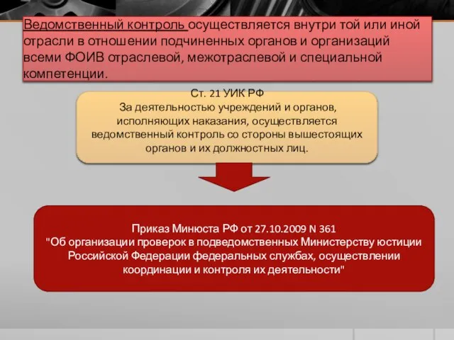 Ведомственный контроль осуществляется внутри той или иной отрасли в отношении подчиненных