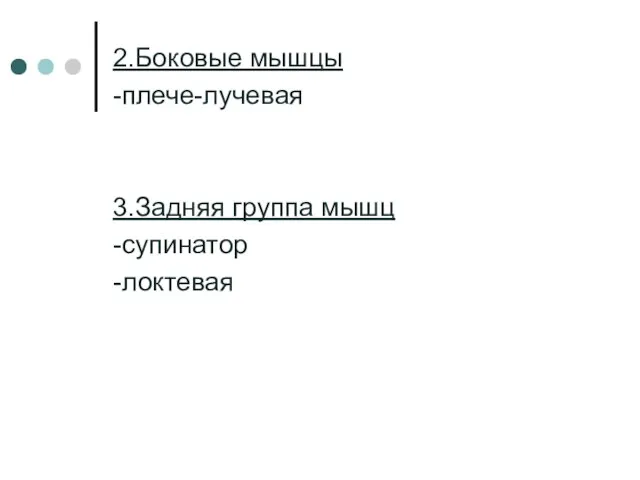 2.Боковые мышцы -плече-лучевая 3.Задняя группа мышц -супинатор -локтевая