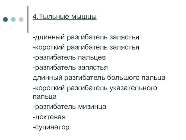 4.Тыльные мышцы -длинный разгибатель запястья -короткий разгибатель запястья -разгибатель пальцев -разгибатель