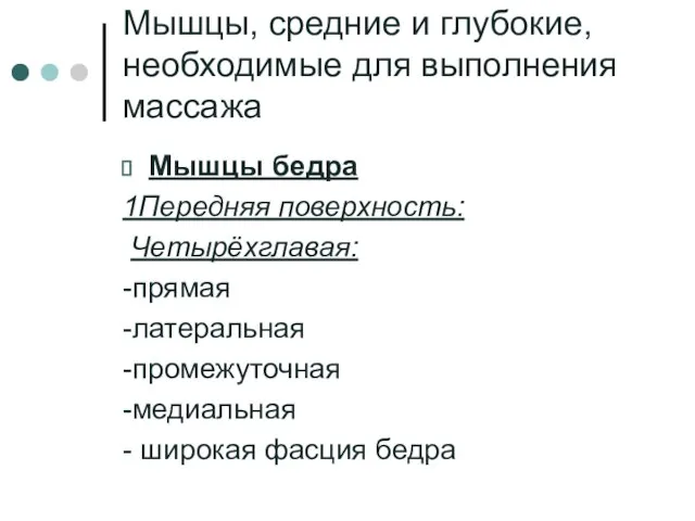 Мышцы, средние и глубокие, необходимые для выполнения массажа Мышцы бедра 1Передняя