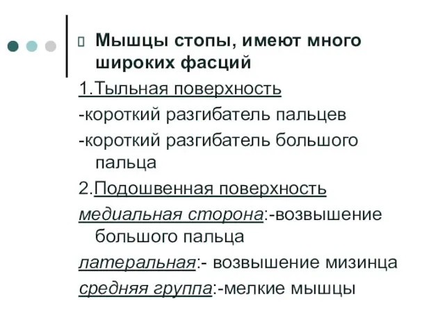 Мышцы стопы, имеют много широких фасций 1.Тыльная поверхность -короткий разгибатель пальцев