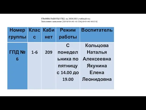 ГРАФИК РАБОТЫ ГПД на 2020-2021 учебный год Заполняем заявление (заявление на сохранение места)