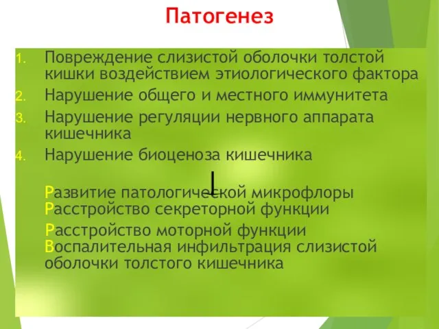 Патогенез Повреждение слизистой оболочки толстой кишки воздействием этиологического фактора Нарушение общего