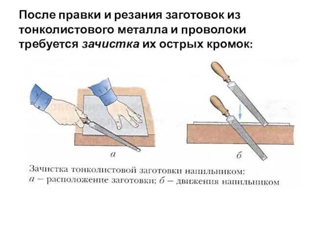 После правки и резания заготовок из тонколистового металла и проволоки требуется зачистка их острых кромок: