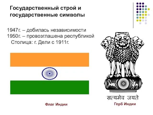 Государственный строй и государственные символы Флаг Индии Герб Индии 1947г. –