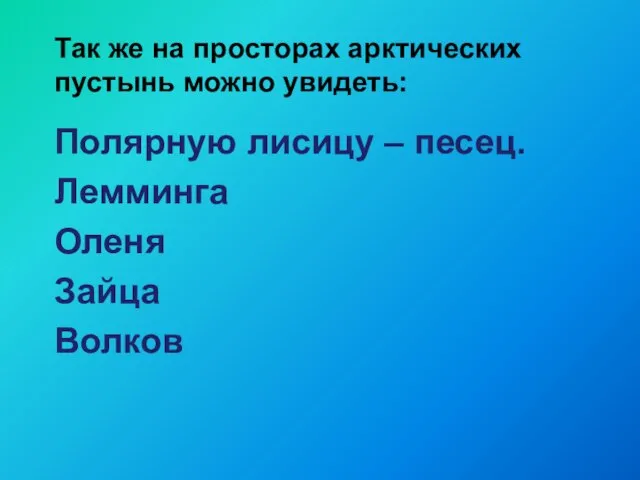 Так же на просторах арктических пустынь можно увидеть: Полярную лисицу – песец. Лемминга Оленя Зайца Волков