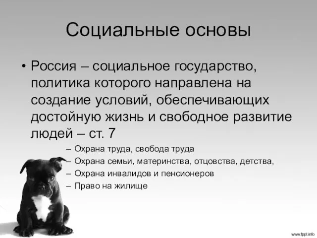 Социальные основы Россия – социальное государство, политика которого направлена на создание