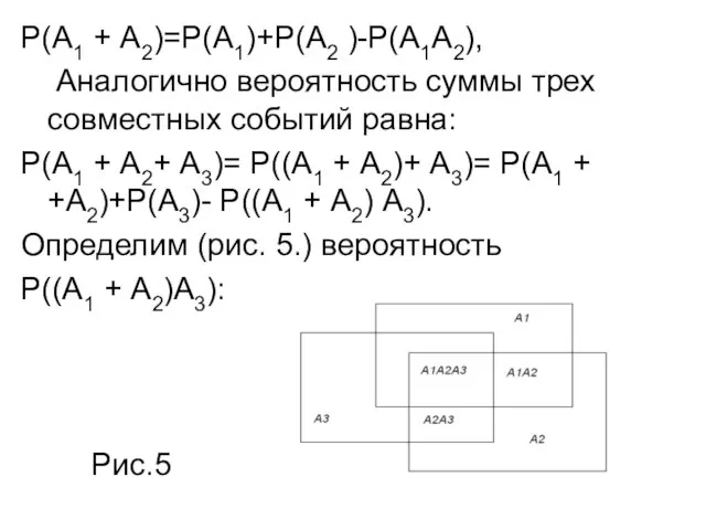 Р(А1 + А2)=Р(А1)+Р(А2 )-Р(А1А2), Аналогично вероятность суммы трех совместных событий равна: