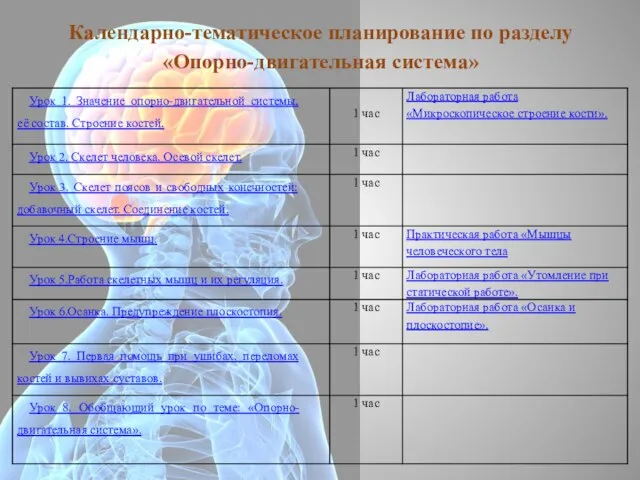 Календарно-тематическое планирование по разделу «Опорно-двигательная система»