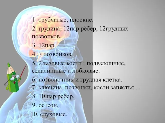 1. трубчатые, плоские. 2. грудина, 12пар рёбер, 12грудных позвонков. 3. 12пар.