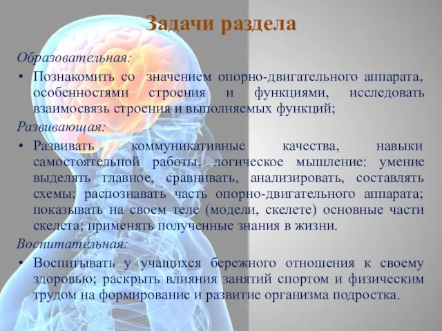 Задачи раздела Образовательная: Познакомить со значением опорно-двигательного аппарата, особенностями строения и