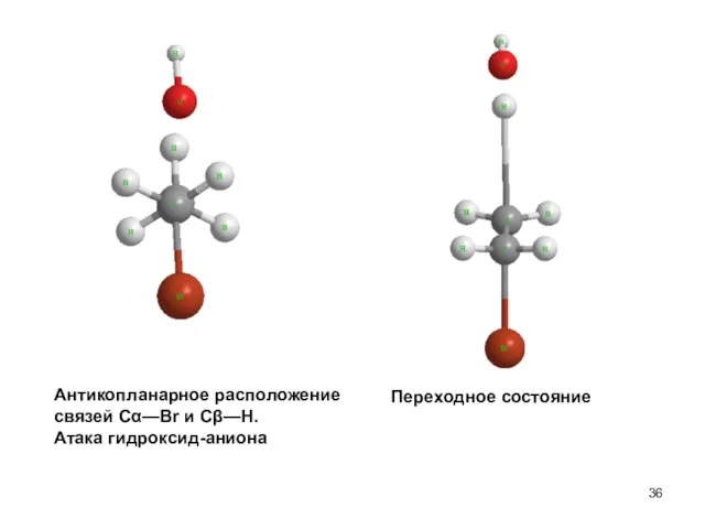 Антикопланарное расположение связей Сα—Br и Сβ—H. Атака гидроксид-аниона Переходное состояние