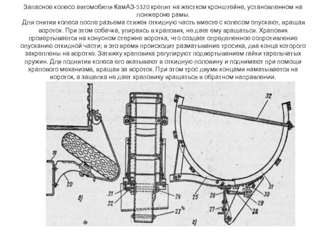 Запасное колесо автомобиля КамАЗ-5320 крепят на жестком кронштейне, установленном на лонжероне