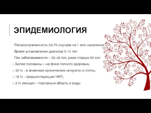 Распространенность 50-70 случаев на 1 млн населения Время установления диагноза 5-15