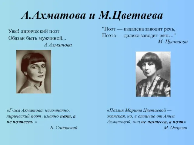 А.Ахматова и М.Цветаева Увы! лирический поэт Обязан быть мужчиной... А.Ахматова "Поэт