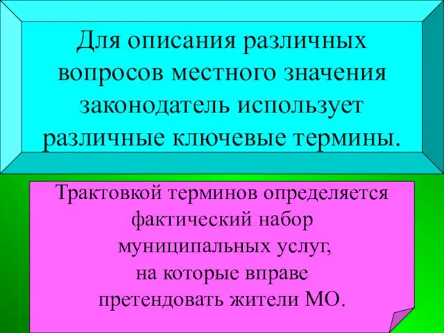 Для описания различных вопросов местного значения законодатель использует различные ключевые термины.