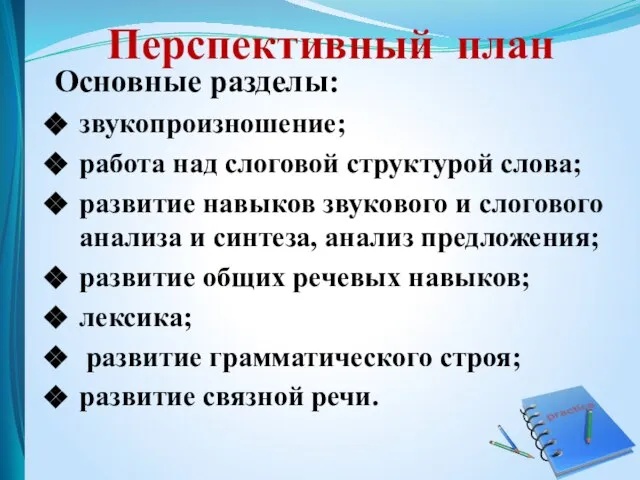 Основные разделы: звукопроизношение; работа над слоговой структурой слова; развитие навыков звукового