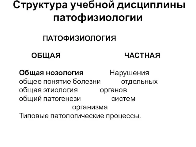 Структура учебной дисциплины патофизиологии ПАТОФИЗИОЛОГИЯ ОБЩАЯ ЧАСТНАЯ Общая нозология Нарушения общее